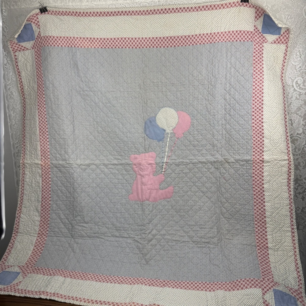 Vintage Handmade Teddy Bear Balloon Baby Quilt Patchwork Pink Blue Gingham Heart